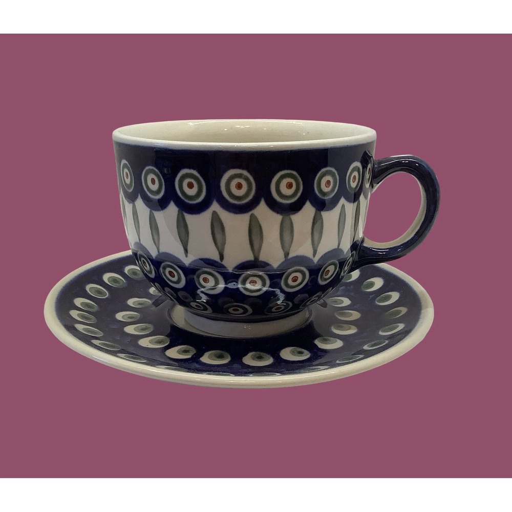 Boleslawiec Polish Pottery Large Teacup Saucer Peacock Leaves Ceramic Mug